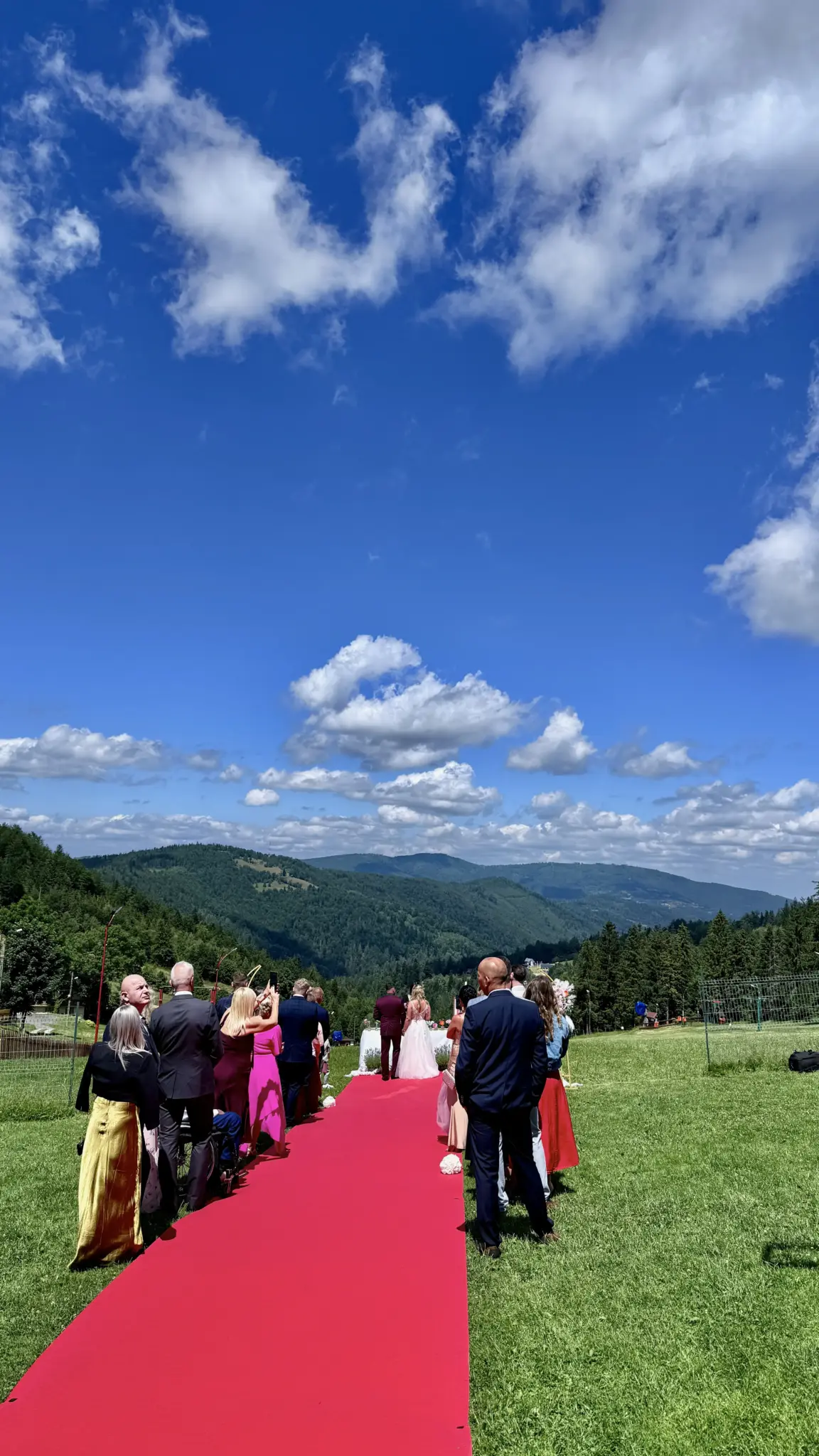 Ceremonia ślubna w plenerze — goście wzdłuż czerwonego dywanu, w tle zalesione góry